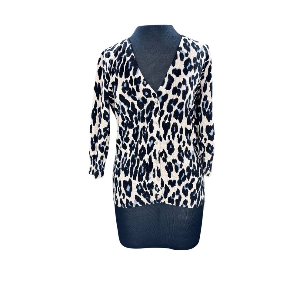 AB Studio Womens Leopard Print Cardigan Sweater Medium 100% Cotton Button Front